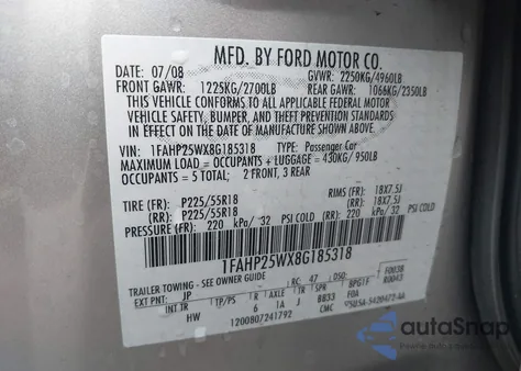 2008 Ford Taurus Limited из США, поврежденный, VIN 1FAHP25WX8G185318